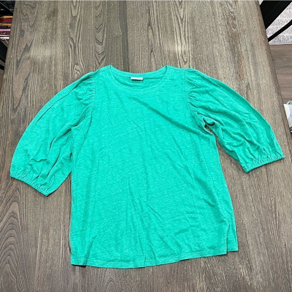 NWOT J. Jill Linen Peasant Top 3/4 Sleeve Round Neck Pullover Green Medium